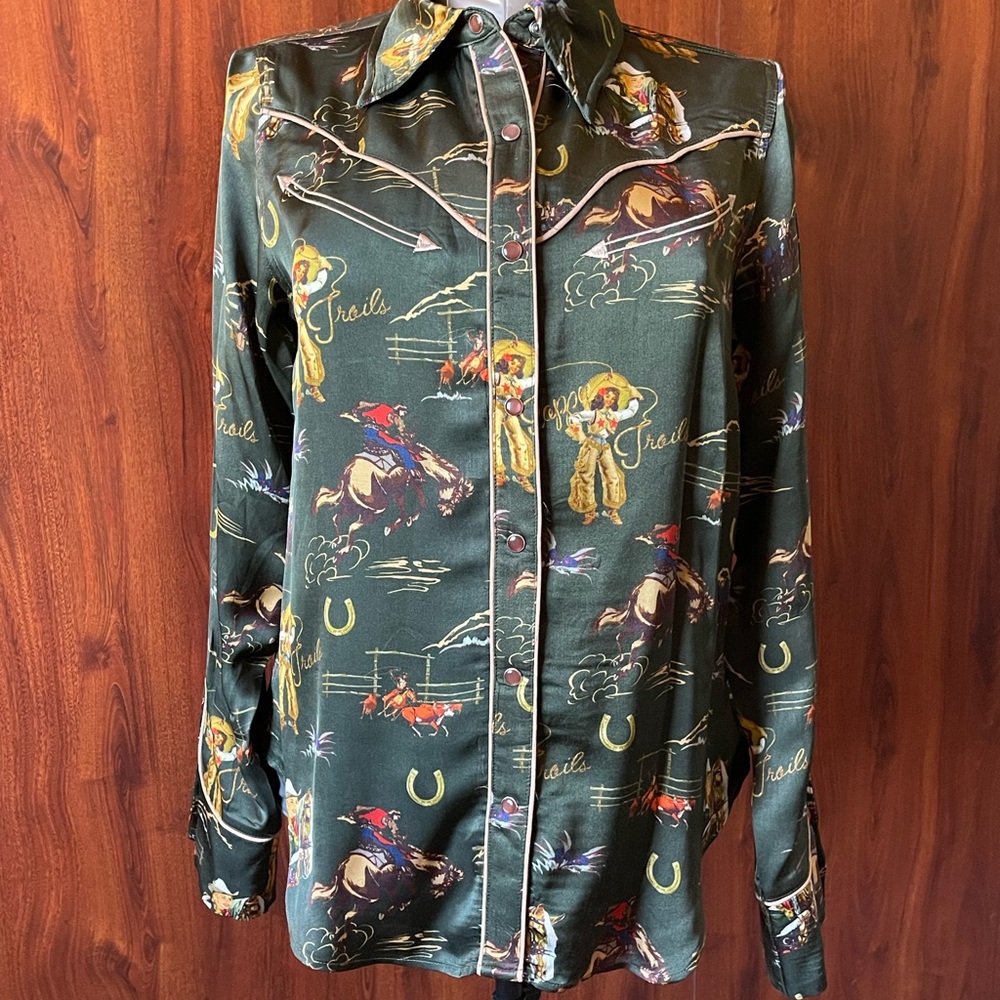 NWT Rodeo Quincy Green Western Print Snap Front Shirt